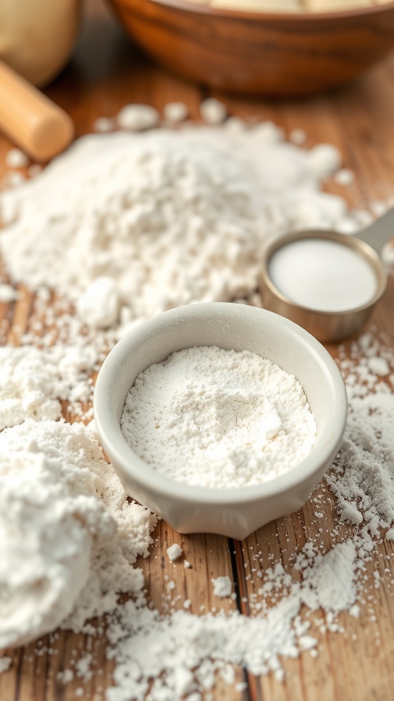 Yeast Powder: A Comprehensive Guide A bowl of yeast powder with flour and sugar on a wooden table.